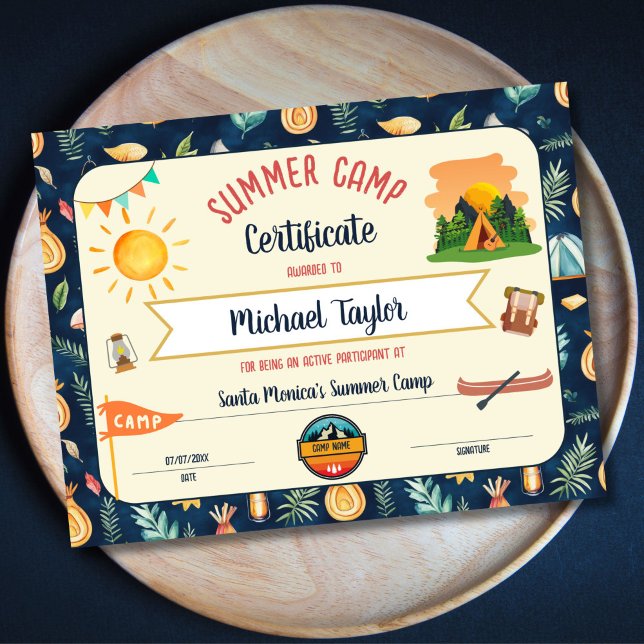 Lámina Certificado de logro del campamento de verano para (colorful summer camp certificate with sun, tent, flag, mountains....)