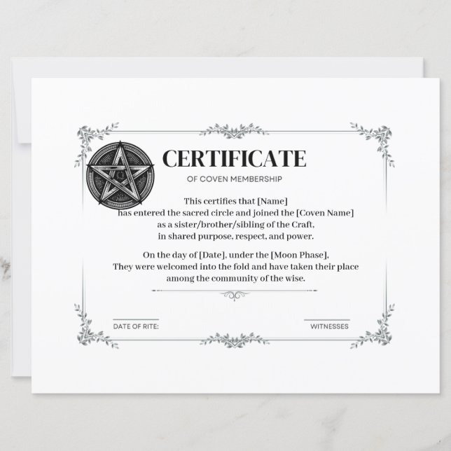 Lámina Certificado de membresía en Coven (Anverso)