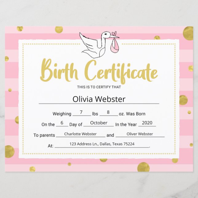 Lámina Certificado de nacimiento de bebé de hitos rosados (Anverso)
