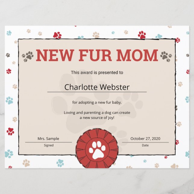 Lámina Certificado de nacimiento de cachorro de nuevo pro (Anverso)