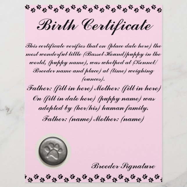 Lámina Certificado de nacimiento de cachorros (Anverso)