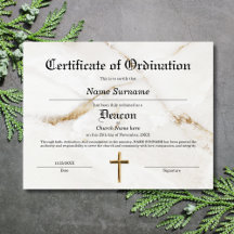 Certificado de Ordenación de la Iglesia de Deacon