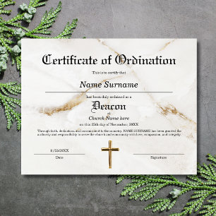 Lámina Certificado de Ordenación de la Iglesia de Deacon