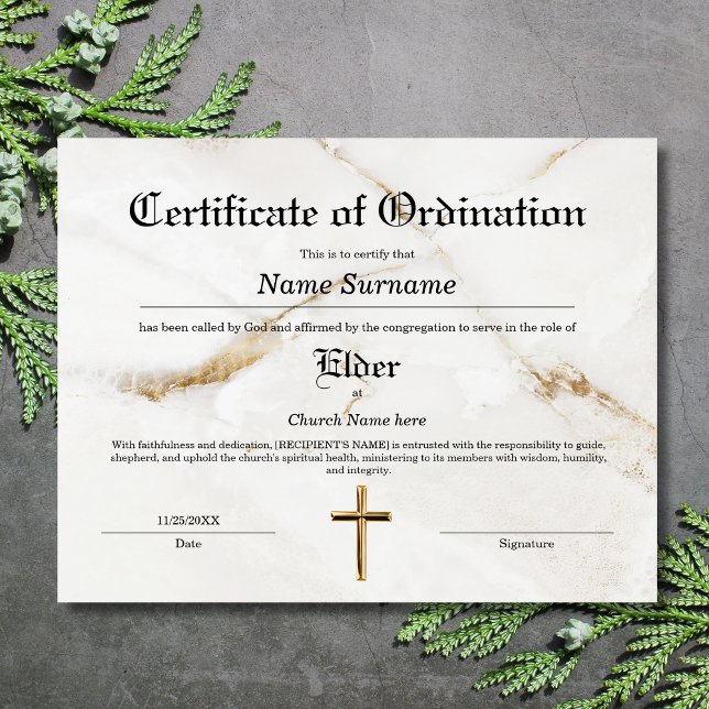Lámina Certificado de Ordenación de la Iglesia Mayor (white marble with gold cross, elegant classic design)