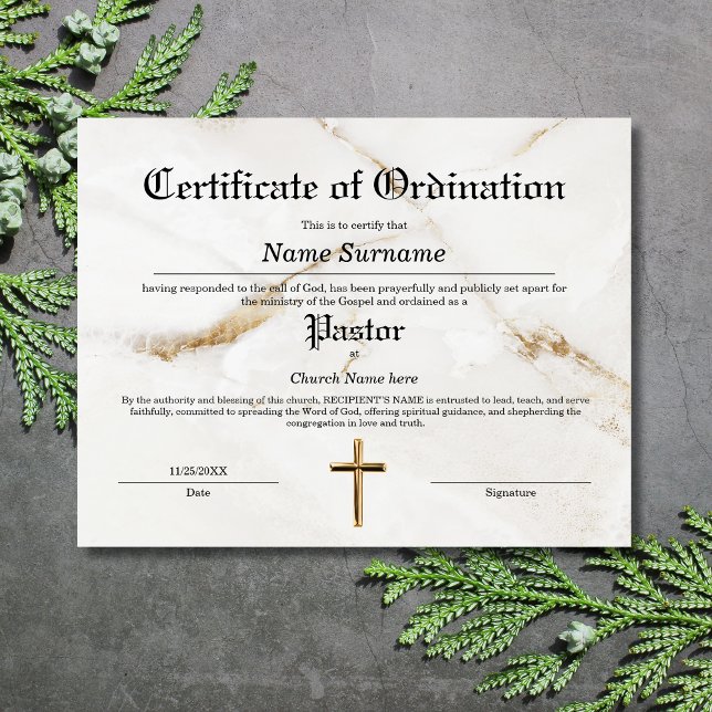 Lámina Certificado de Ordenación de la Iglesia Pastora (certificate of ordination with white marble background and a gold cross)