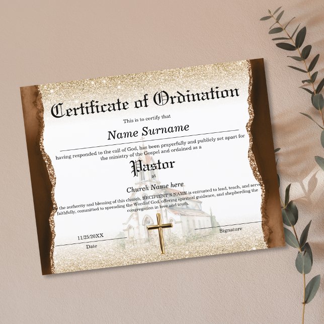 Lámina Certificado de Ordenación de la Iglesia Pastora (church ordination certificate with brown agate and gold glitter combined with watercolor church )