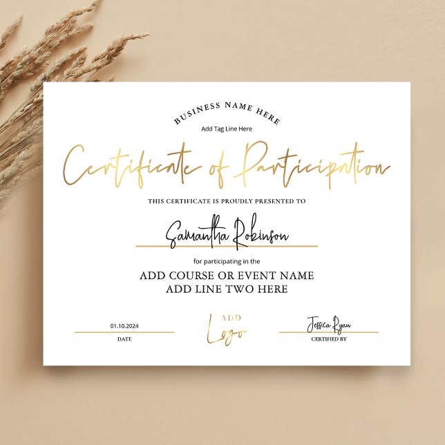 Lámina Certificado de participación Gold Business Award (Elegant white and gold Certificate of Participation with space for your logo and custom text)