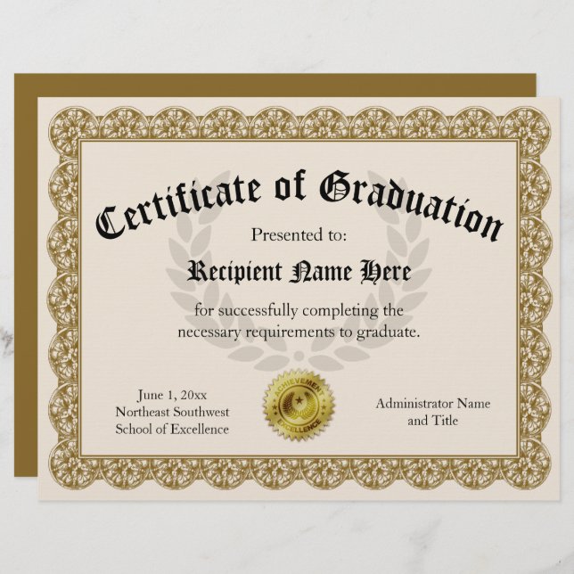Lámina Certificado de Personalizable de oro de graduación (Anverso / Reverso)