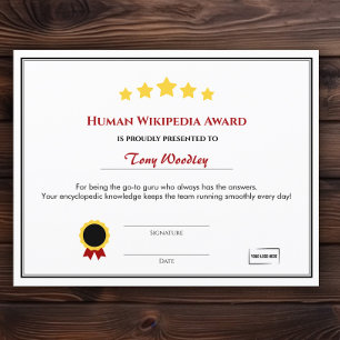 Lámina Certificado de premio a empleado divertido - Wikip