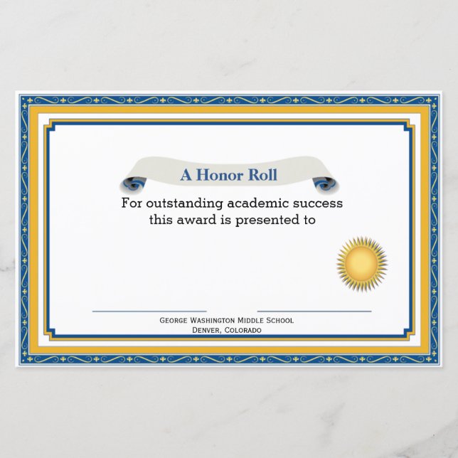 Lámina Certificado de Premio Académico Azul y Amarillo (Anverso)