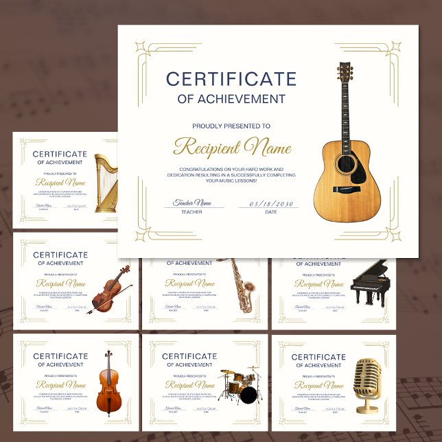 Lámina Certificado de Premio de Curso de Música de Guitar (Classy Frame Music Course Guitar Award Certificate)