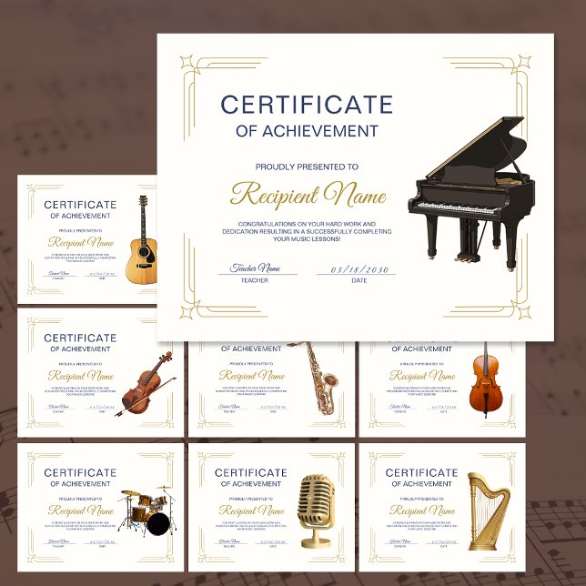 Lámina Certificado de Premio de Curso de Música de Piano  (Classy Frame Music Course Piano Award Certificate)