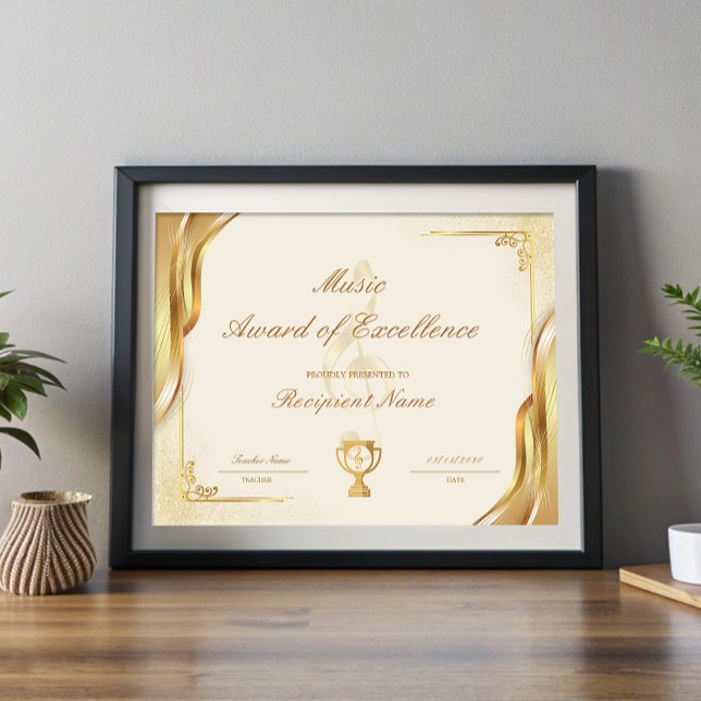 Lámina Certificado de Premio de Excelencia en Música para (Student Music Award of Excellence Certificate)