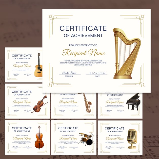 Lámina Certificado de Premio de Música de Arpa del Curso  (Classy Frame Music Course Harp Award Certificate)