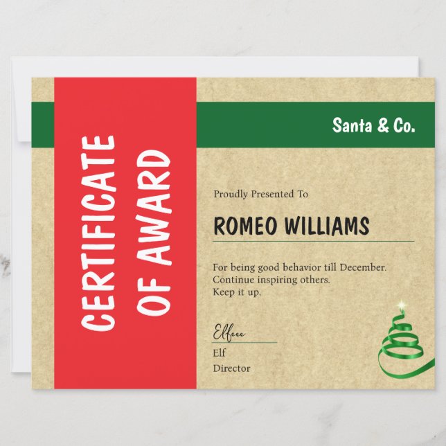 Lámina Certificado de Premio de Navidad de Santa & Co. Ro (Anverso)