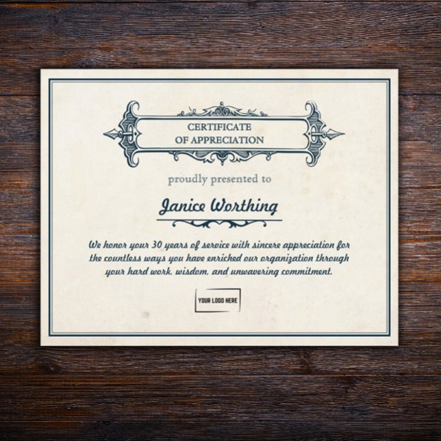 Lámina Certificado de premio editable para empleados de e (Customizable Vintage Style Long Service Award Certificate with Logo Upload
)