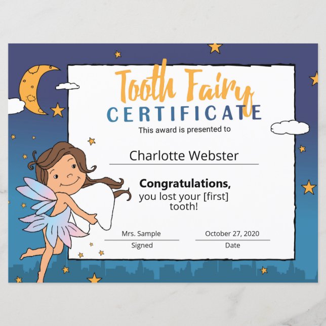 Lámina Certificado de Primer Diente Perdido Tan Fairy Cli (Anverso)