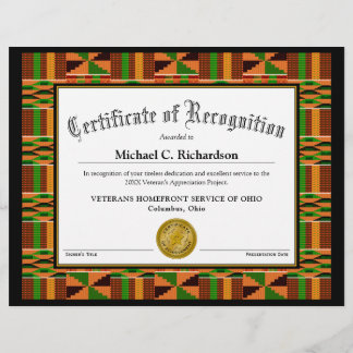 Lámina Certificado de Reconocimiento de la Ropa Kente Afr