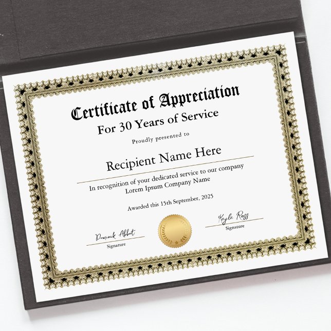Lámina Certificado de reconocimiento por años de servicio (Certificate of Appreciation for Years of Service)