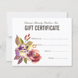 Lámina Certificado de regalo de salón de belleza floral a
