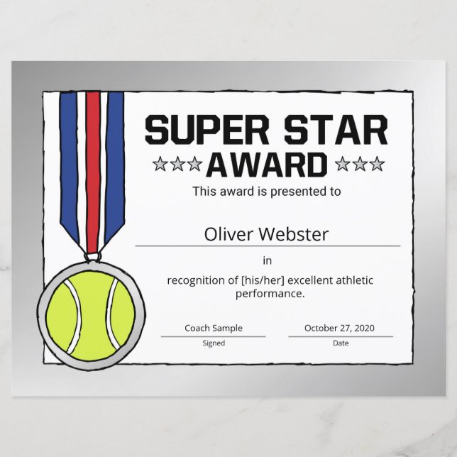 Lámina Certificado de Tenis a Jugador de Tenis Super Star (Anverso)