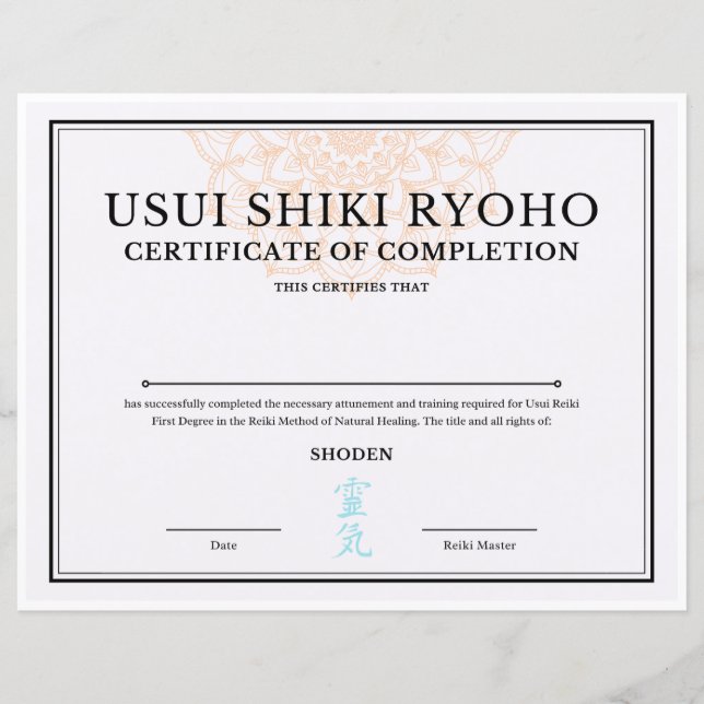 Lámina Certificado de terminación de Reiki (SHODEN) (Anverso)