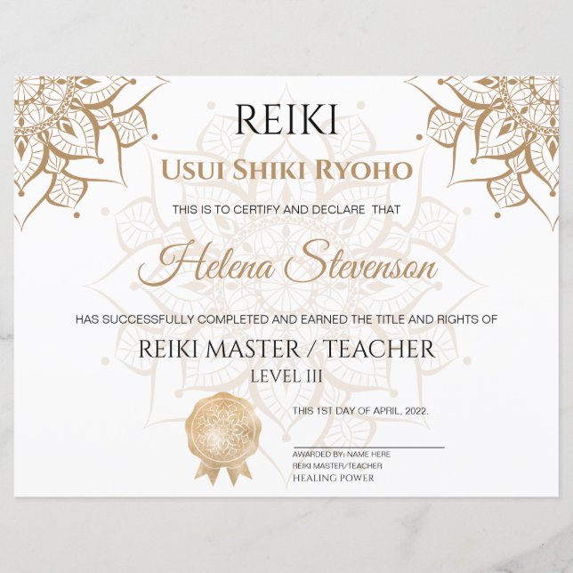 Lámina Certificado de Yoga Reiki de Finalización (Anverso)