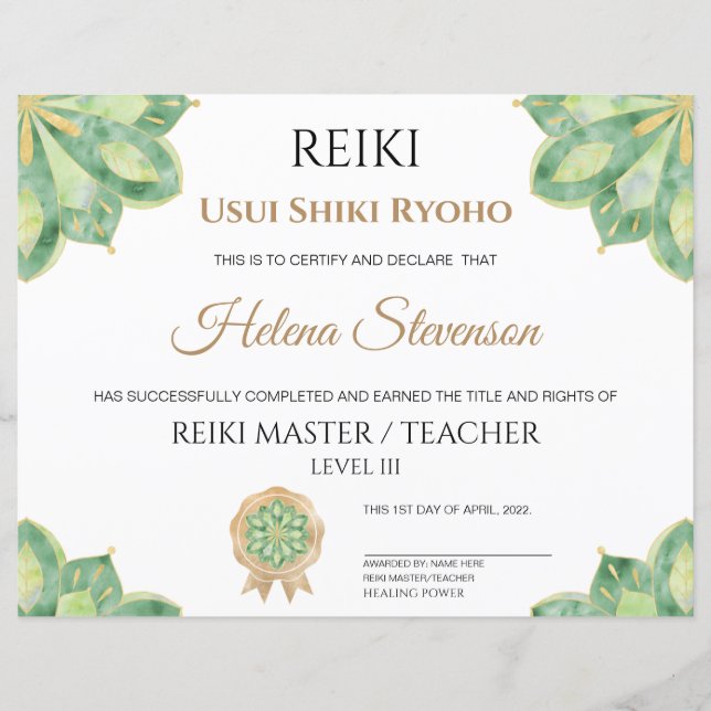 Lámina Certificado de Yoga Reiki de Finalización (Anverso)