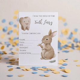 Lámina Certificado del primer diente de Bunny de la hada 