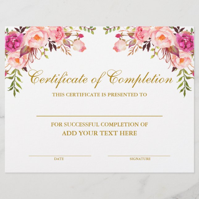Lámina Certificado floral rosa de oro de terminación (Anverso)