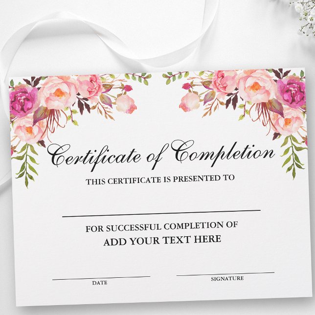 Lámina Certificado floral rosado de finalización - Su tex (Customize to change text size, text style or text color.)