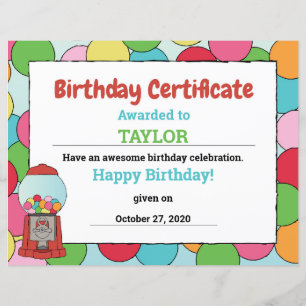 Lámina Certificado Gumball del partido temático Birthday