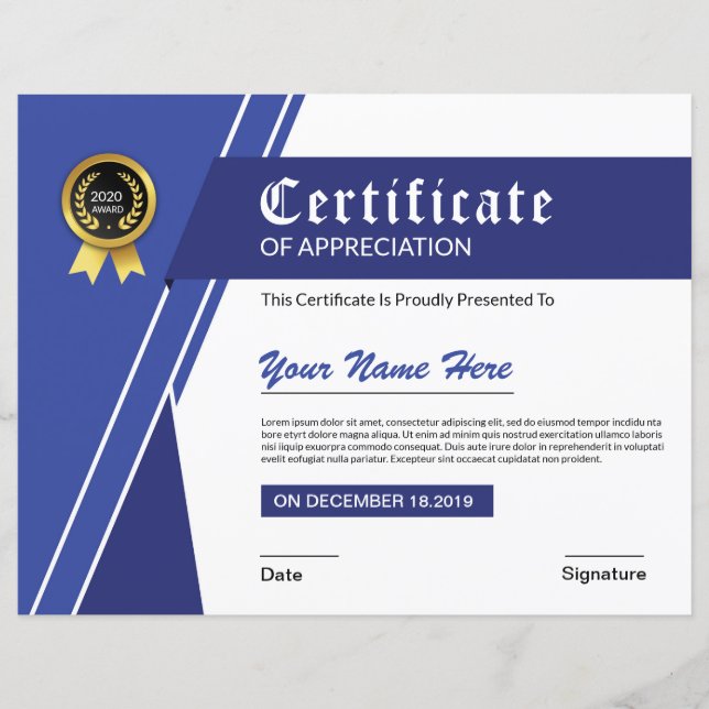 Lámina Certificado Imprimible De Reconocimiento (Anverso)