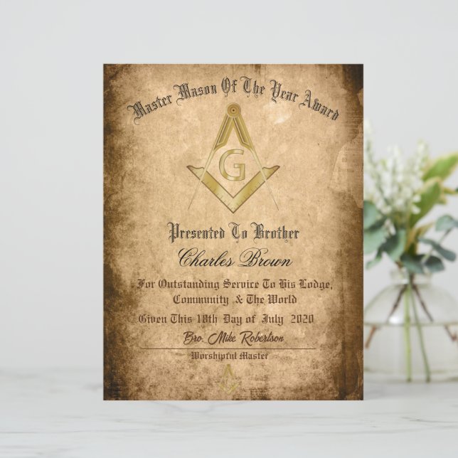 Lámina Certificado Maestro Mason Del Año (Anverso de pie)