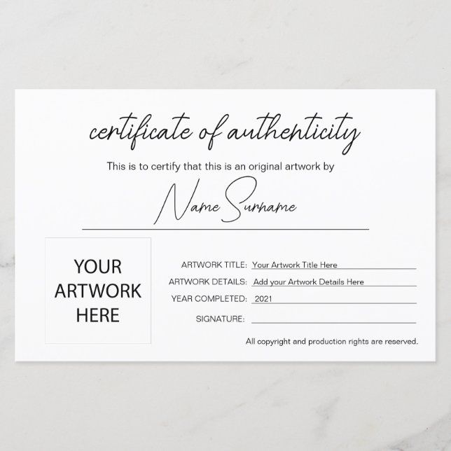 Lámina Certificado Minimalista simple de autenticidad (Anverso)