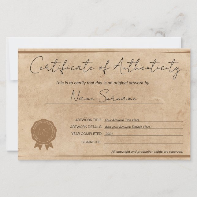 Lámina Certificado moderno de autenticidad obra de arte d (Anverso)