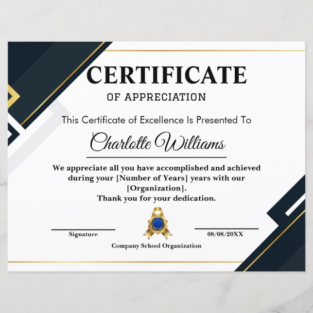 Lámina Certificado Profesional de Agradecimiento Azul Oro (Anverso)