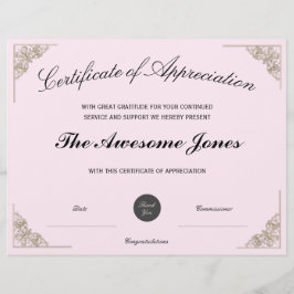 Lámina Certificado rosa de apreciación con logotipo Perso