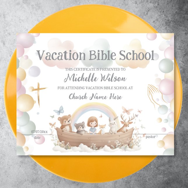 Lámina Certificado VBS Escuela de Vacaciones Biblias (noah's arc children illustration in pastel colors)