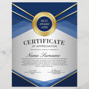 Lámina Certificado vertical azul y dorado de apreciación