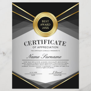 Lámina Certificado vertical de apreciación negro y dorado