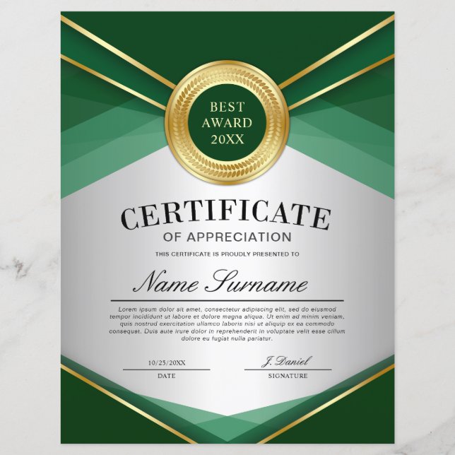Lámina Certificado vertical de apreciación verde y dorado (Anverso)