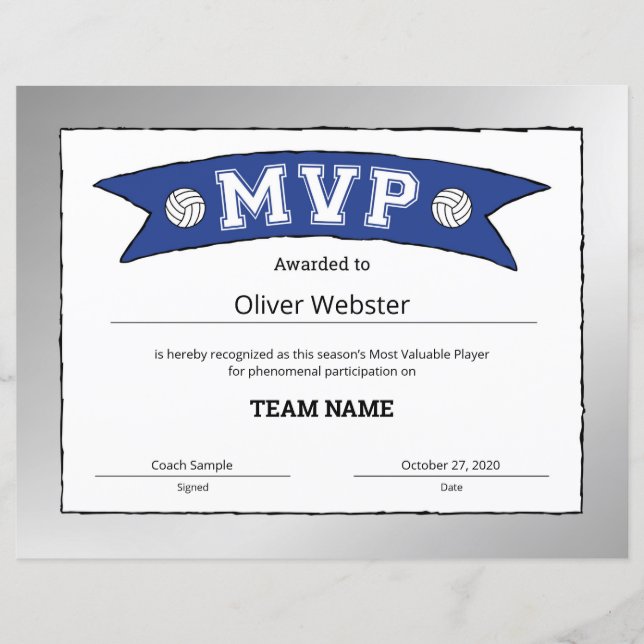Lámina Certificados de voleibol del jugador MVP de MVPCer (Anverso)