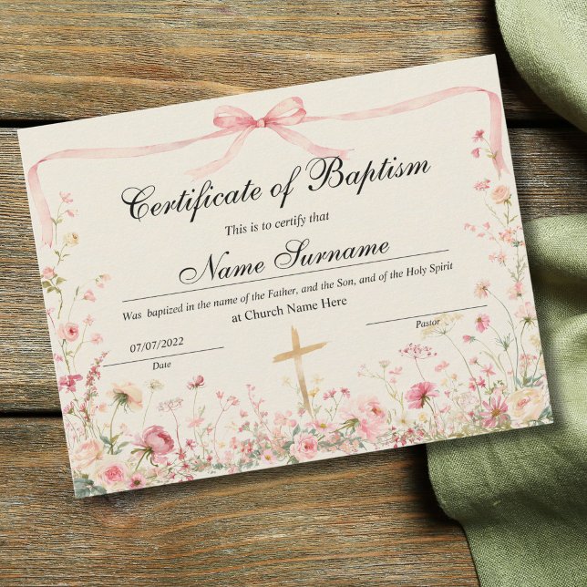 Lámina Certificate of Baptism, Baby Dedication (Certificate of Baptism, Baby Dedication for girls with a pink watercolor bow and meadow flowers)
