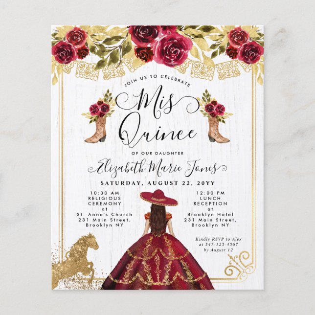 Lámina Charra Quinceanera floral borgoña de oro rojo (Anverso)