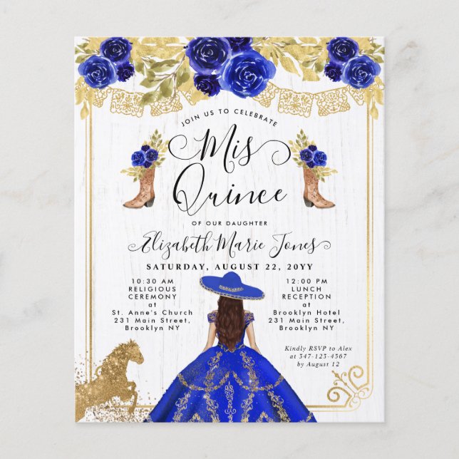 Lámina Charra Quinceanera floral real oro azul (Anverso)