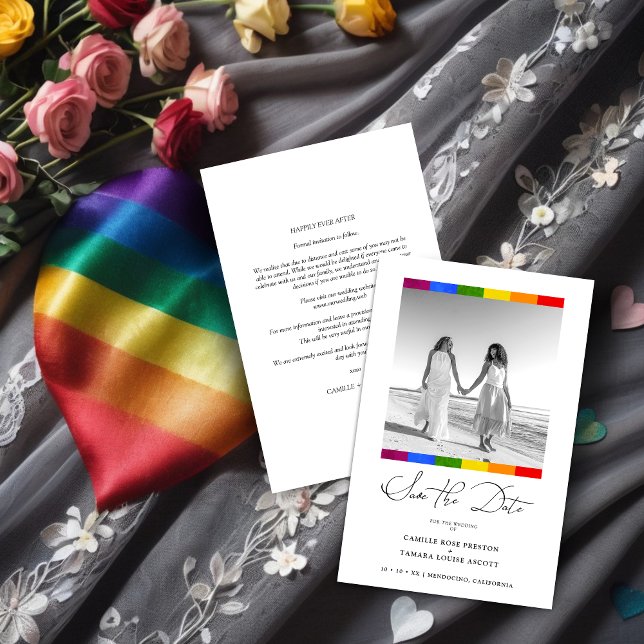 Lámina Cheap Pride Rainbow Flag Lesbian Gay Wedding  (Low Cost Pride Rainbow Flag Lesbian Gay Wedding Photo Save the Date. )