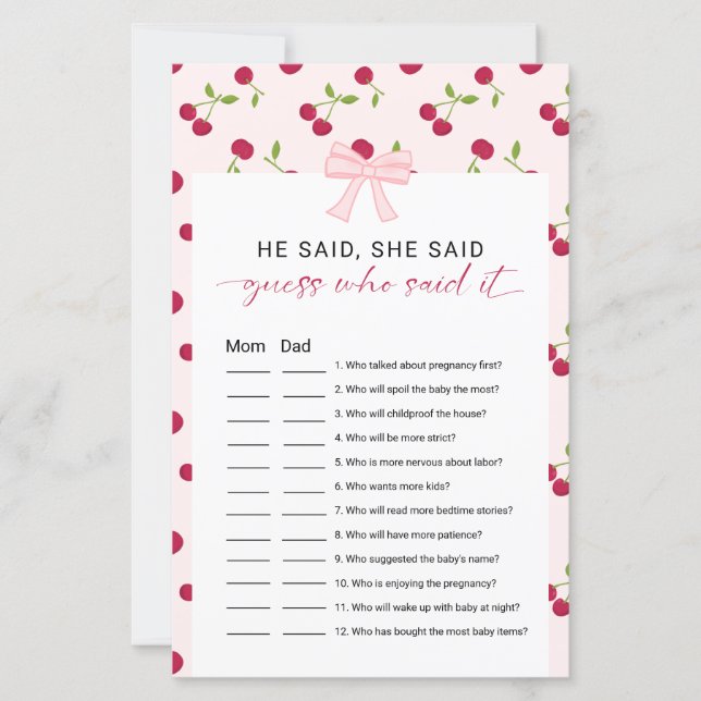 Lámina Cherry Baby Shower He Said She Said Game Pink Bow (Anverso)