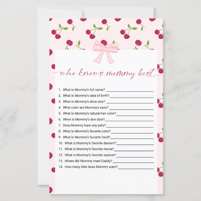 Lámina Cherry Baby Shower Who Knows Mommy Best Game (Anverso)