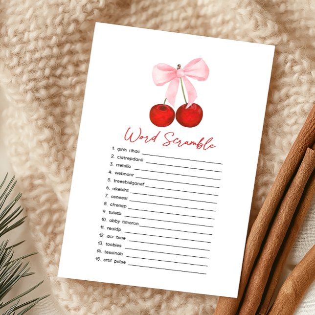 Lámina Cherry on Top Baby Shower Word Scramble Game (Coquette Cherry on Top Baby Shower Game)